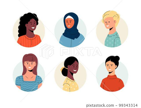 Women head portraits set. Diverse women faces of different race 99343314
