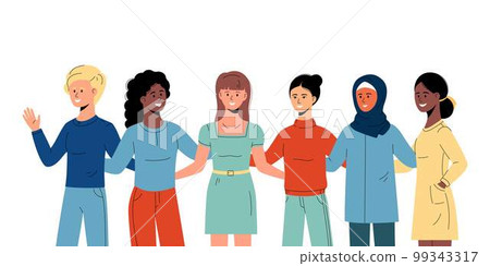 Six women of different nationalities and cultures hugging together. International women's day. Six women of different nationalities and cultures hugging together. International women's day. 99343317