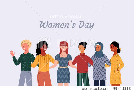 International women's day card. Six women of different nationalities and cultures hugging together. 99343318