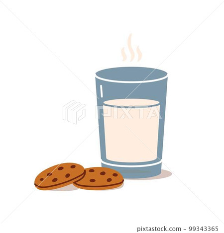 A glass of milk and two oatmeal cookies with chocolate chips 99343365