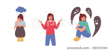 Set of young woman of mental illnesses: agression, fear, depression. Anger, agression, stress, fear, panic attacs, depression 99343494