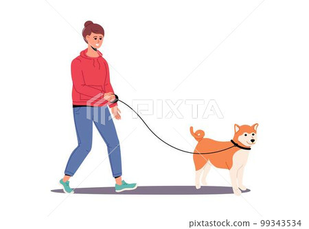 Woman walking with pet on leash. Vector flat illustration. Female strolling on street with dog. Woman walking with pet on leash. Vector flat illustration. Female strolling on street with dog. 99343534