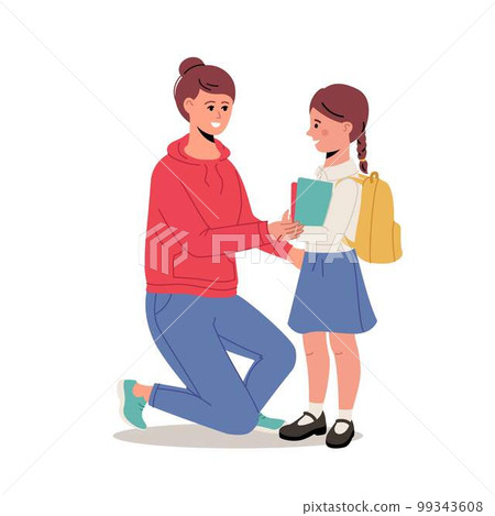 Mother brings her daughter to school. First day at school. Mother brings her daughter to school. First day at school. 99343608