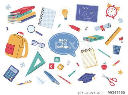 Big set of school supplies. Back to school stationary. Children's subjects. 99343660