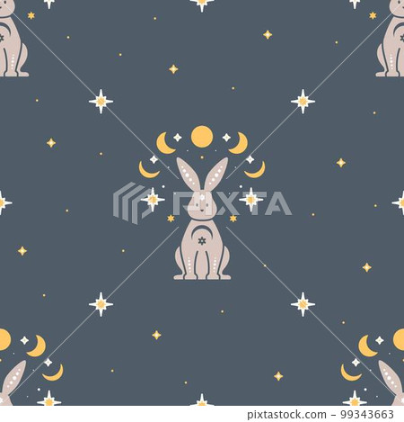 Trendy celestial seamless pattern with rabbits. Boho magic background with space elements stars and rabbits. 99343663