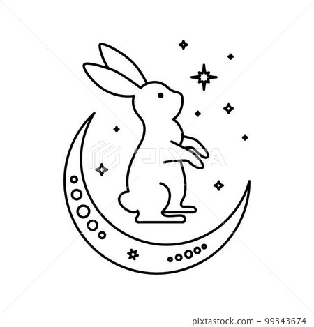 Celestial animal sitting rabbit with moon and stars. Magic bunny. Black outline magical bunny rabbit, mystic crescent moon esoteric symbol 99343674