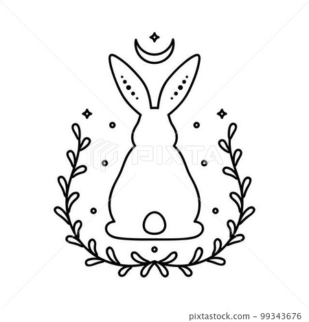 Celestial animal sitting back rabbit. Magic bunny with natural elements. Black outline magical bunny rabbit, mystic crescent moon esoteric symbol 99343676