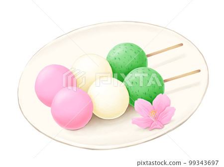 Two three-color dumplings and cherry blossoms on a white plate Two three-color dumplings and cherry blossoms on a white plate 99343697