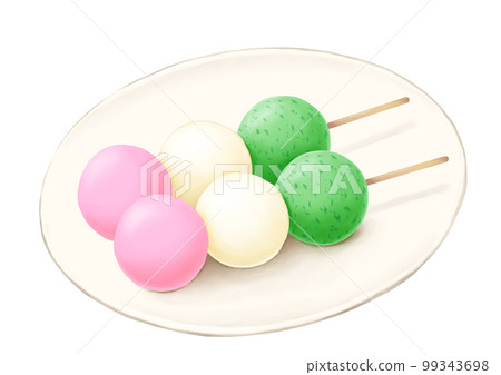 Two three-color dumplings on a white plate 99343698