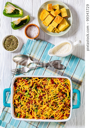 pinto beans bacon pepper cornbread salad, top view 99343729