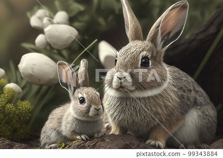 Mother rabbit with cub. Generative AI. Mother rabbit with cub. Generative AI. 99343884