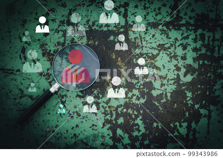Goal board inside of magnifier glass for icon man on iron background. finding,selection situation,positive.Photo thinking and mindset concept. 99343986