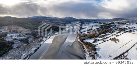 Aerial view of snow covered Gweebarra River between Doochary and Lettermacaward in Donegal - Ireland Aerial view of snow covered Gweebarra River between Doochary and Lettermacaward in Donegal - Ireland 99345052