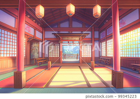 View of the torii outside from the windows of a fantasy Japanese shrine. 3D render anime style wallpaper. View of the torii outside from the windows of a fantasy Japanese shrine. 3D render anime style wallpaper. 99345223