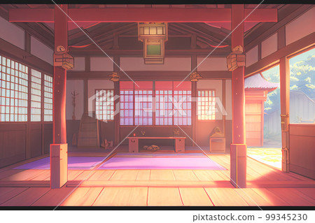 View of the torii outside from the windows of a fantasy Japanese shrine. 3D render anime style wallpaper. View of the torii outside from the windows of a fantasy Japanese shrine. 3D render anime style wallpaper. 99345230