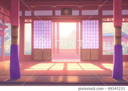 View of the torii outside from the windows of a fantasy Japanese shrine. 3D render anime style wallpaper. View of the torii outside from the windows of a fantasy Japanese shrine. 3D render anime style wallpaper. 99345233