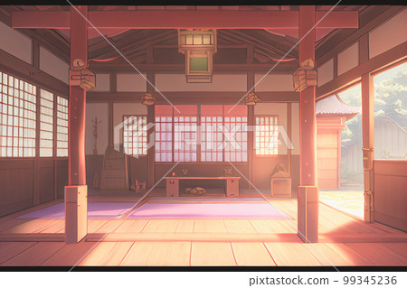 View of the torii outside from the windows of a fantasy Japanese shrine. 3D render anime style wallpaper. View of the torii outside from the windows of a fantasy Japanese shrine. 3D render anime style wallpaper. 99345236