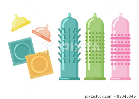 Set of vector condom icon. The concept of contraception. Various shapes and types of condoms. Vector Set of vector condom icon. The concept of contraception. Various shapes and types of condoms. Vector 99346349