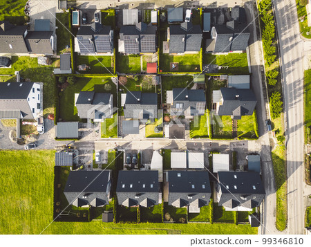 Directly above a lot family homes stacked next to each other in the suburbs of Slovenia Directly above a lot family homes stacked next to each other in the suburbs of Slovenia 99346810