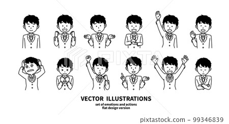 Illustration set of facial expressions and gestures Boy in a blazer Monochrome Illustration set of facial expressions and gestures Boy in a blazer Monochrome 99346839