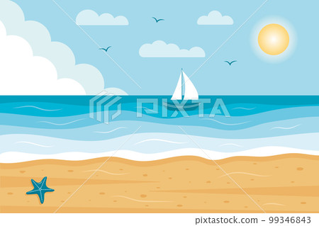 Horizontal Seascape with sailboat and tropical beach with starfish. Paradise nature vacation, ocean or sea seashore. Horizontal Seascape with sailboat and tropical beach with starfish. Paradise nature vacation, ocean or sea seashore. 99346843