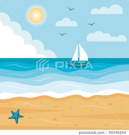 Seascape with sailboat and tropical beach with starfish. Paradise nature vacation, ocean or sea seashore.  99346844