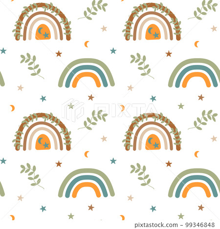 Boho rainbows, twig, star and moon seamless pattern. Scandinavian design background. Boho rainbows, twig, star and moon seamless pattern. Scandinavian design background. 99346848