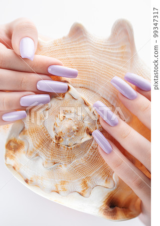Hand with long  violet manicured nails and seashell 99347317