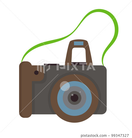 Photo camera with strap. Modern digital device with lens in vintage style. Photo camera with strap. Modern digital device with lens in vintage style. 99347327