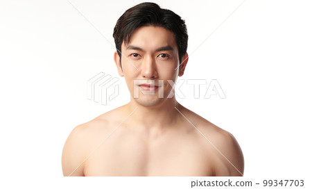 Portrait of shirtless young handsome Asian man for skincare and beauty concepts against on white background, Portrait of shirtless young handsome Asian man for skincare and beauty concepts against on white background, 99347703