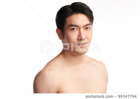 Portrait of shirtless young handsome Asian man for skincare and beauty concepts against on white background, Portrait of shirtless young handsome Asian man for skincare and beauty concepts against on white background, 99347704