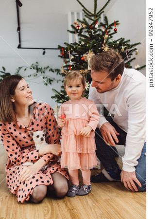 Young caucasian family Christmas portrait, family of four with baby girl and a dog Young caucasian family Christmas portrait, family of four with baby girl and a dog 99347952