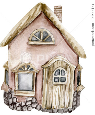 Watercolor illustration of an old country house . An old rusty enamel element. Hand-drawn in watercolour on a white background. Perfect for wedding invitation, greetings card, posters. Watercolor illustration of an old country house . An old rusty enamel element. Hand-drawn in watercolour on a white background. Perfect for wedding invitation, greetings card, posters. 99348174
