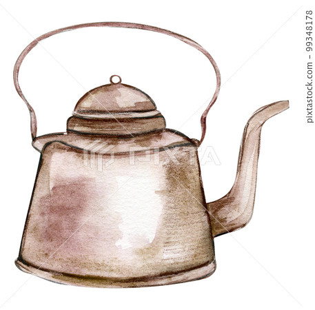 Watercolor illustration of an old teapot.An old rusty enamel element. Hand-drawn in watercolour on a white background. Perfect for wedding invitation, greetings card, posters, party decor. Watercolor illustration of an old teapot.An old rusty enamel element. Hand-drawn in watercolour on a white background. Perfect for wedding invitation, greetings card, posters, party decor. 99348178
