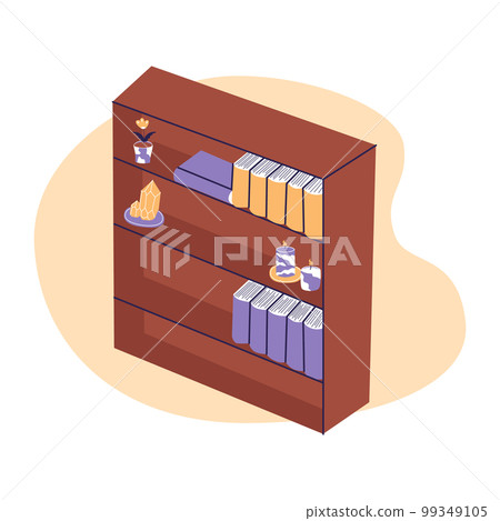 Wooden bookshelf in library room. Flat vector illustration isolated on white background 99349105