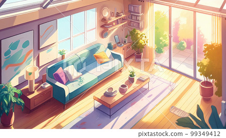 Bird's-eye view of the living room Watercolor illustration AI image 99349412