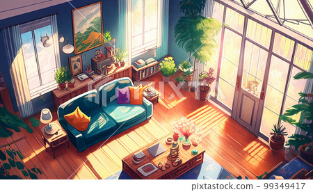 Bird's-eye view of the living room Watercolor illustration AI image 99349417