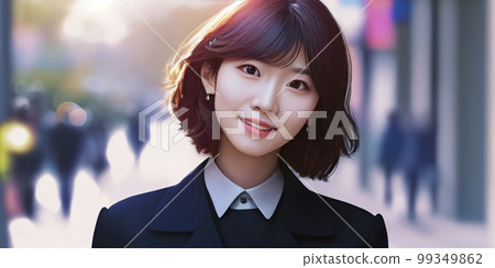 Cute high school girl with a smile, school, uniform, looking at camera, photo style illustration Cute high school girl with a smile, school, uniform, looking at camera, photo style illustration 99349862