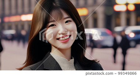 Smiling office worker woman, photo-style illustration, city, portrait 99349866