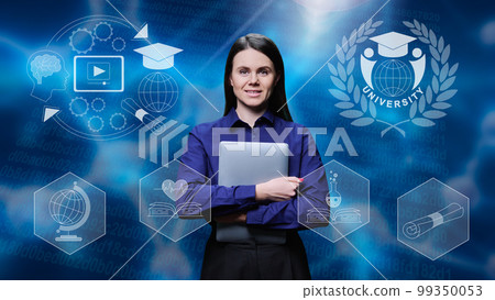Portrait of adult female student, young teacher on background with education icons Portrait of adult female student, young teacher on background with education icons 99350053