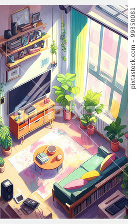 Isometric illustration of a living room with a TV watercolor AI image 99350081