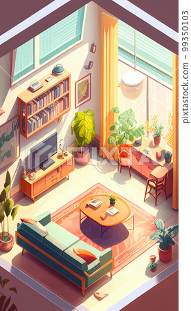 Isometric illustration of a living room with a TV watercolor AI image 99350103