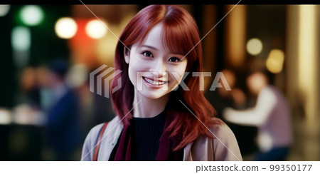 A cute female member of society looking at this with a smile, indoors, portrait, photo-style illustration 99350177