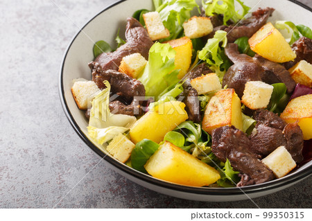 Salad made with a combination of gizzards, onions, potatoes, shallots, lettuce, balsamic vinegar, olive oil and croutons close-up in a plate. Horizontal 99350315