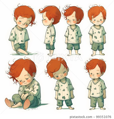 Series of drawings of little boy with red hair. Generative AI 99351076