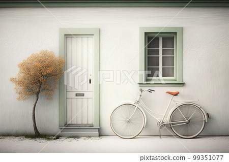 Bicycle parked in front of white building. Generative AI 99351077