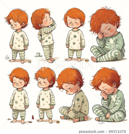 Series of drawings of little red haired boy in pajamas. Generative AI 99351078