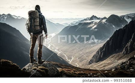 Man with backpack standing on top of mountain. Generative AI 99351088