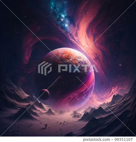 An image of an alien planet in space. Generative AI 99351107