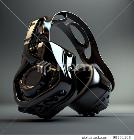 Pair of black headphones on gray surface. Generative AI 99351108